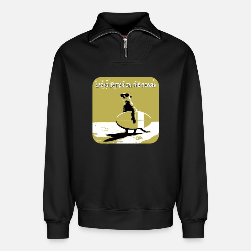 cooles Erdmännchen mit Surfboard - Relaxed Unisex Organic Half Zip Sweatshirt – von SPREAD - Schwarz