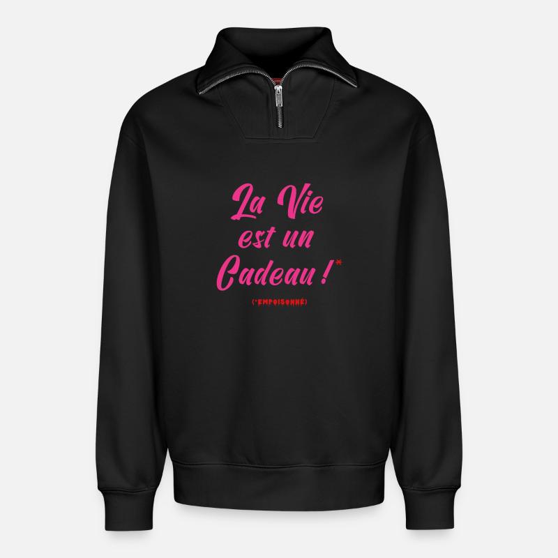 DAS LEBEN IST EIN GESCHENK (vergiftet) - Relaxed Unisex Organic Half Zip Sweatshirt – von SPREAD - Schwarz