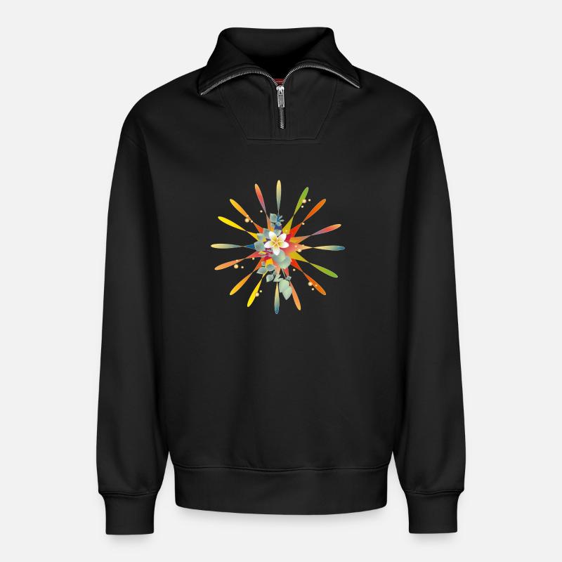 Strahlender Regenbogenstern mit exotischer Blüte - Relaxed Unisex Organic Half Zip Sweatshirt – von SPREAD - Schwarz