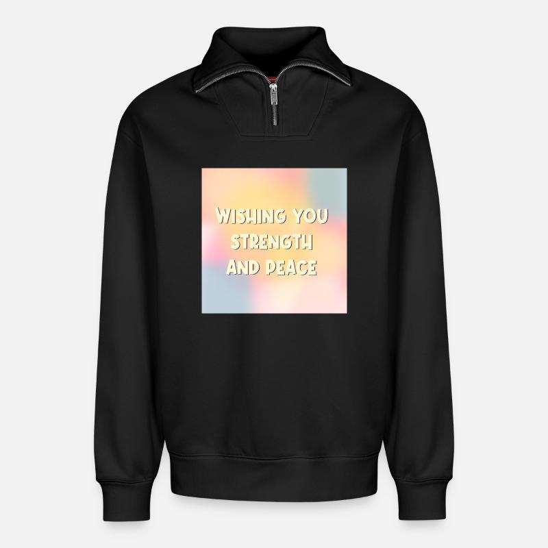 Kraft Frieden wünschen - Relaxed Unisex Organic Half Zip Sweatshirt – von SPREAD - Schwarz
