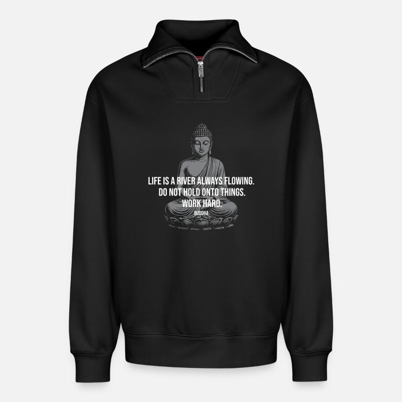 Fluss-Buddha-Zitat-Tee - Relaxed Unisex Organic Half Zip Sweatshirt – von SPREAD - Schwarz