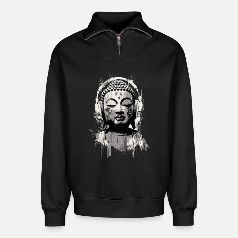 Buddha mit Kopfhörern Zen Art - Relaxed Unisex Organic Half Zip Sweatshirt – von SPREAD - Schwarz