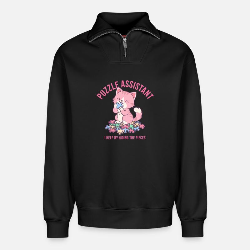 Puzzle Assistand Cat Quote - Relaxed Unisex Organic Half Zip Sweatshirt – by SPREAD - black