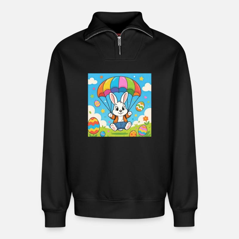Osterhase mit Fallschirm - Relaxed Unisex Organic Half Zip Sweatshirt – von SPREAD - Schwarz