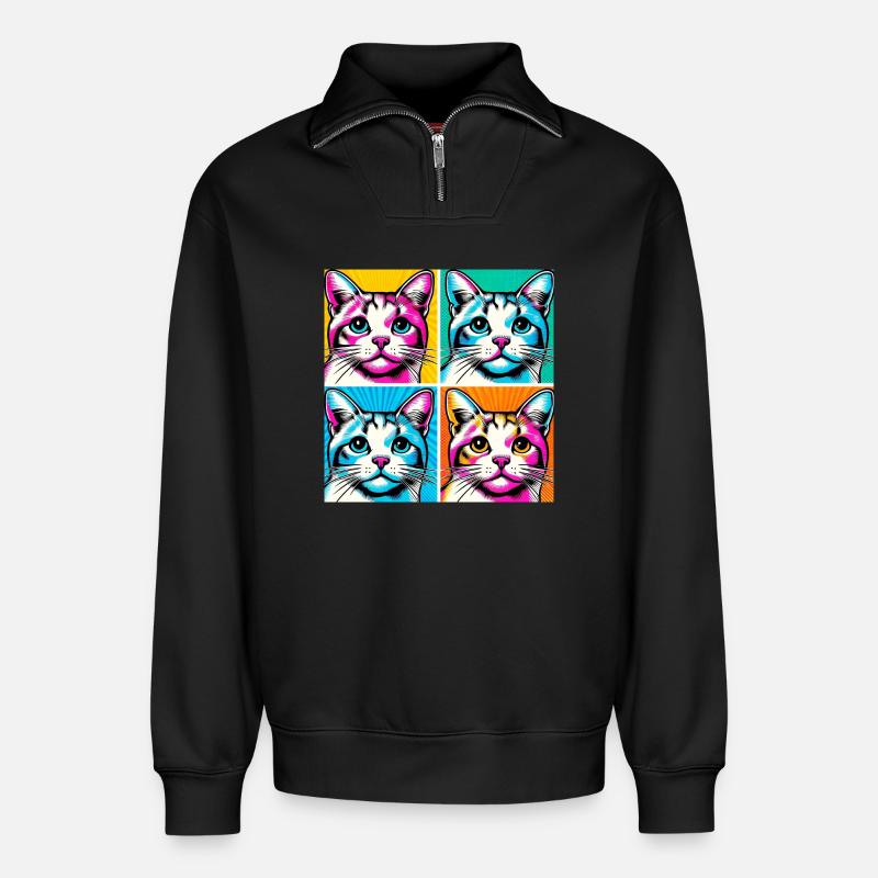 Chat Pop Art - Sweat unisexe décontracté en coton biologique à demi-zip – de SPREAD - noir