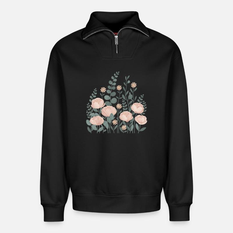 Boho Blumen – Blühende Harmonie - Relaxed Unisex Organic Half Zip Sweatshirt – von SPREAD - Schwarz