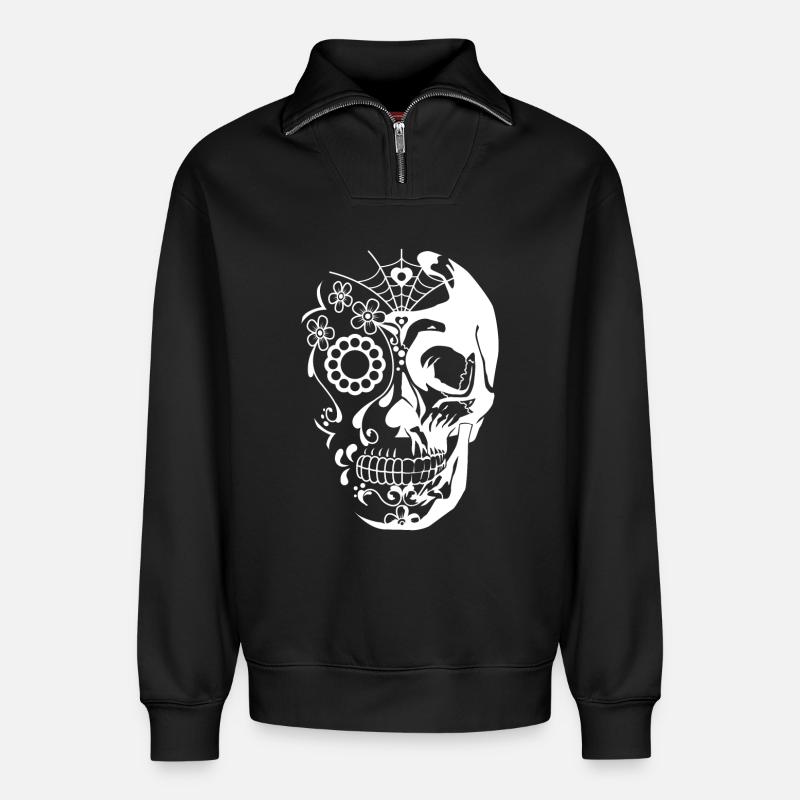 skull white - Sweat unisexe décontracté en coton biologique à demi-zip – de SPREAD - noir