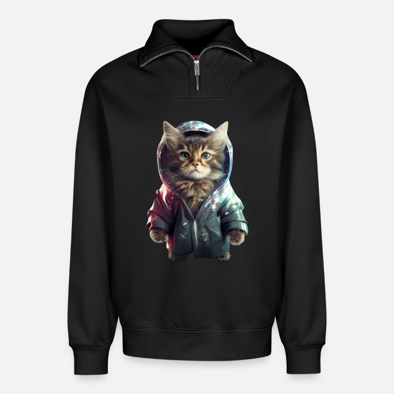 Chat de l’espace - Sweat unisexe décontracté en coton biologique à demi-zip – de SPREAD - noir