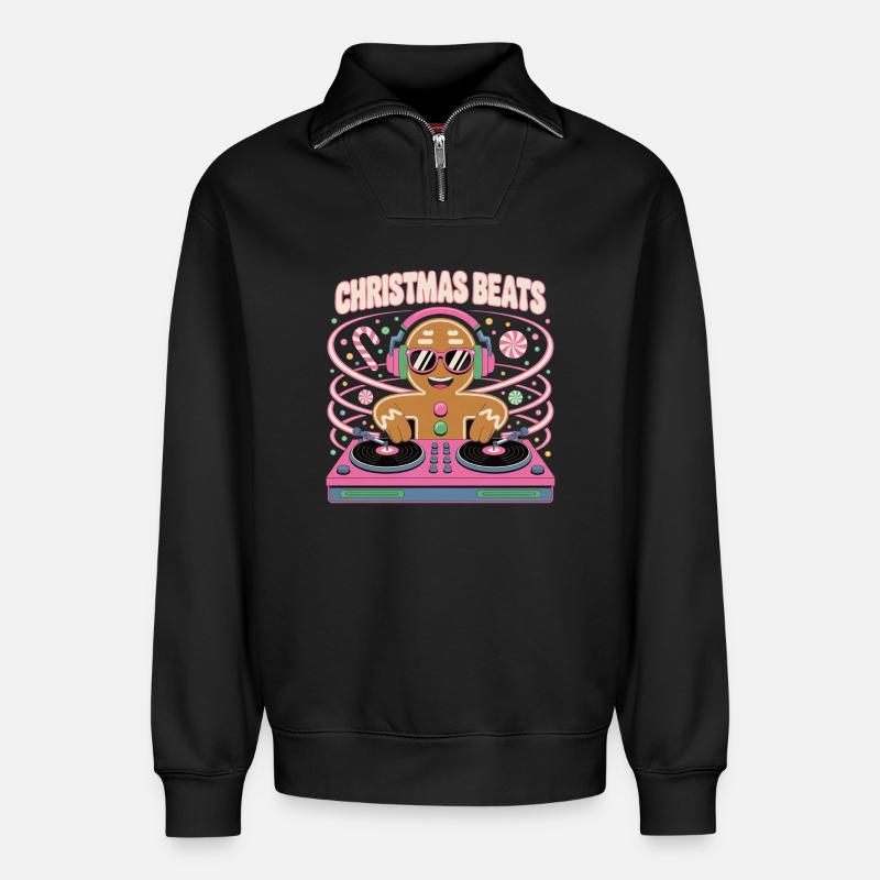 Weihnachtsbeats DJ Gingerbread - Relaxed Unisex Organic Half Zip Sweatshirt – von SPREAD - Schwarz
