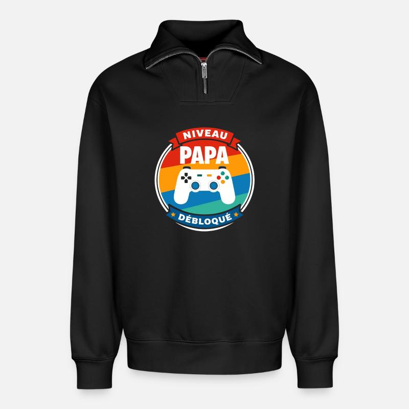 Papa-Level Entsperrtes Abzeichen - Relaxed Unisex Organic Half Zip Sweatshirt – von SPREAD - Schwarz