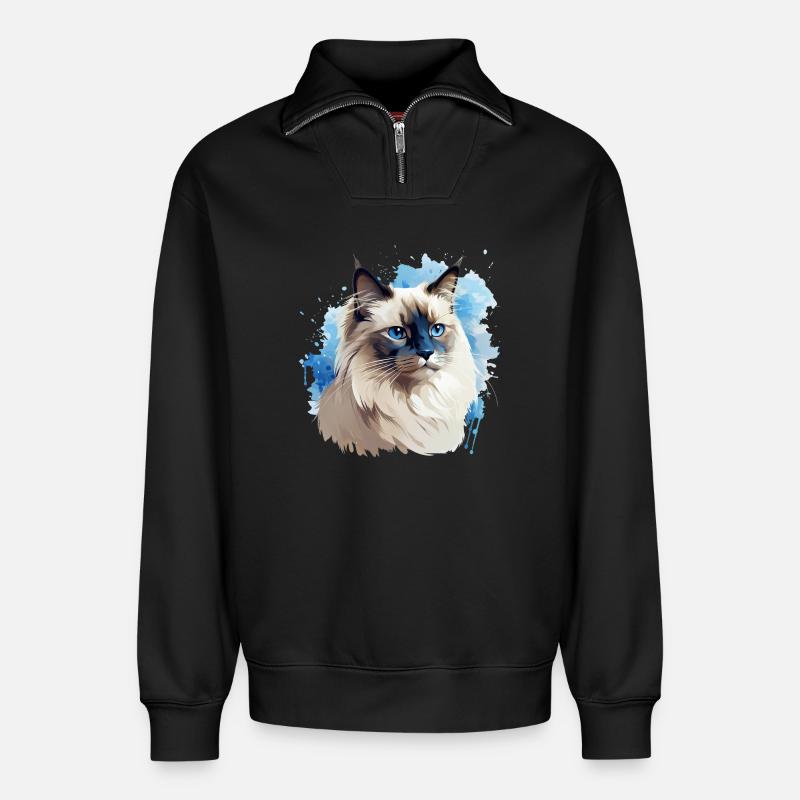 Katze Kopf Heilige Birma - Relaxed Unisex Organic Half Zip Sweatshirt – von SPREAD - Schwarz
