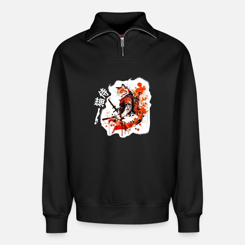 Samurai Katze in Rot - Relaxed Unisex Organic Half Zip Sweatshirt – von SPREAD - Schwarz