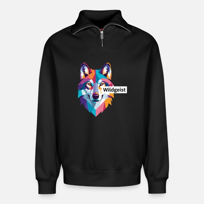 Farbiger Wolfskopf "Wildgeist" - Relaxed Unisex Organic Half Zip Sweatshirt – von SPREAD - Schwarz