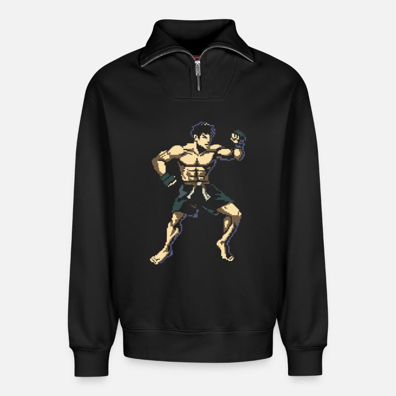 Graphiques Kickboxer Pixel - Sweat unisexe décontracté en coton biologique à demi-zip – de SPREAD - noir
