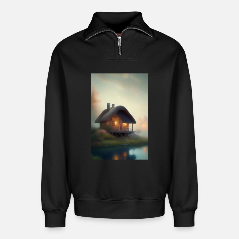 Charming lakeside cabin - Relaxed Unisex Organic Half Zip Sweatshirt – by SPREAD - black