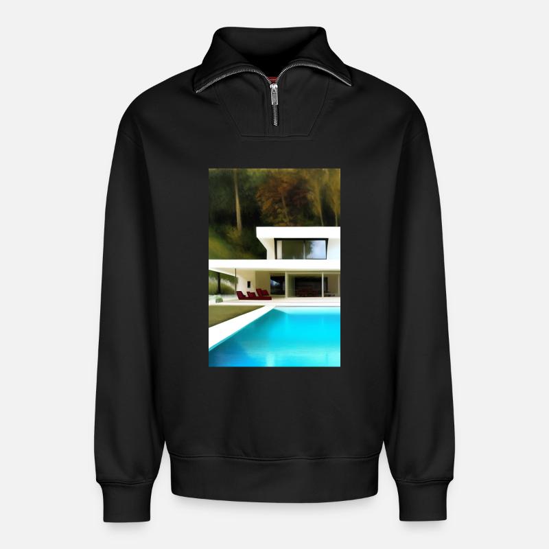 Weiße Villa mit Pool - Relaxed Unisex Organic Half Zip Sweatshirt – von SPREAD - Schwarz