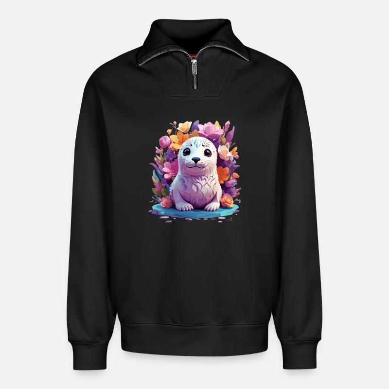 Sceau mignon - Sweat unisexe décontracté en coton biologique à demi-zip – de SPREAD - noir