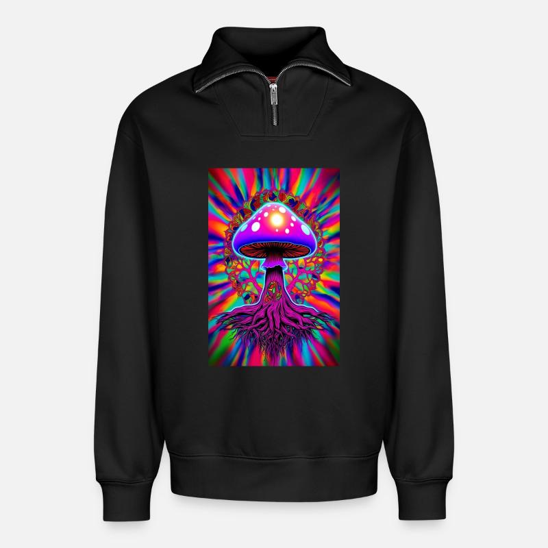 Champignon psychédélique - Sweat unisexe décontracté en coton biologique à demi-zip – de SPREAD - noir