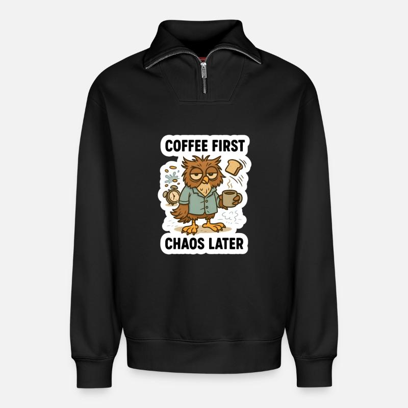Kaffee zuerst Eule - Relaxed Unisex Organic Half Zip Sweatshirt – von SPREAD - Schwarz