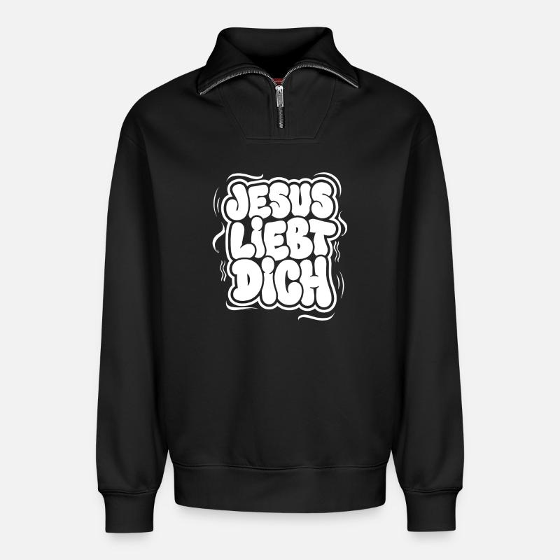 Jesus Liebt Dich Bubblig Schriftzug - Relaxed Unisex Organic Half Zip Sweatshirt – von SPREAD - Schwarz