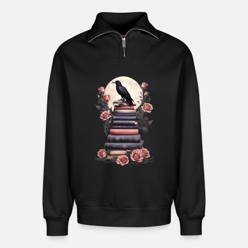 Bücherstapel mit Rabe - Relaxed Unisex Organic Half Zip Sweatshirt – von SPREAD - Schwarz