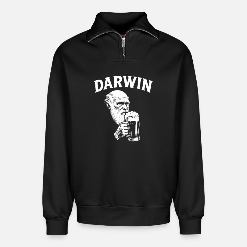 Darwin drinking Beer - Relaxed Unisex Organic Half Zip Sweatshirt – by SPREAD - black