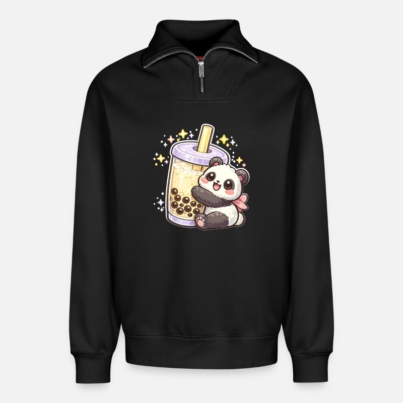 Panda Bubble Tea Kuschelmotiv - Relaxed Unisex Organic Half Zip Sweatshirt – von SPREAD - Schwarz