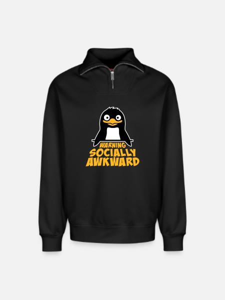 Penguin Warning Socially Awkward Funny Clumsy - Relaxed Unisex Organic Half Zip Sweatshirt – by SPREAD - black