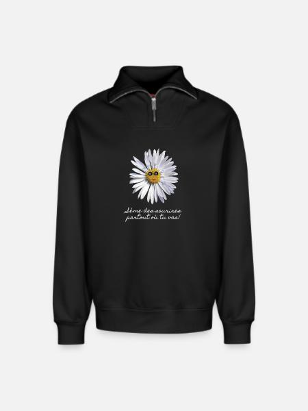 Smiling Daisy - Relaxed Unisex Organic Half Zip Sweatshirt – by SPREAD - black