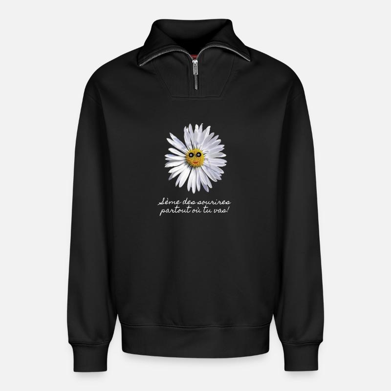 Smiling Daisy - Relaxed Unisex Organic Half Zip Sweatshirt – by SPREAD - black