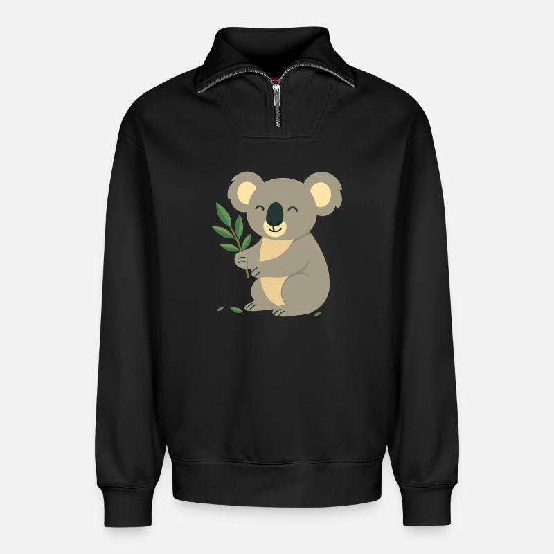 Koala souriant à l’eucalyptus - Sweat unisexe décontracté en coton biologique à demi-zip – de SPREAD - noir