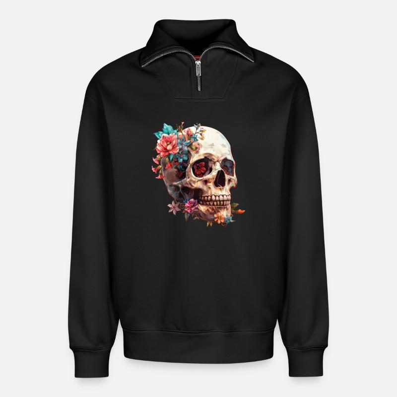 Crâne, crâne avec des fleurs - Sweat unisexe décontracté en coton biologique à demi-zip – de SPREAD - noir