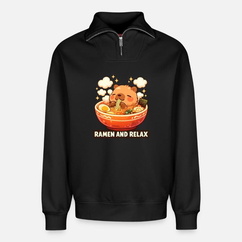 Capybara Ramen and Relax - Relaxed Unisex Organic Half Zip Sweatshirt – von SPREAD - Schwarz