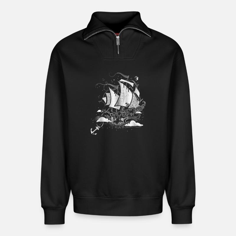 Fantastisches Segelschiff Retro-Illustrationsstil - Relaxed Unisex Organic Half Zip Sweatshirt – von SPREAD - Schwarz
