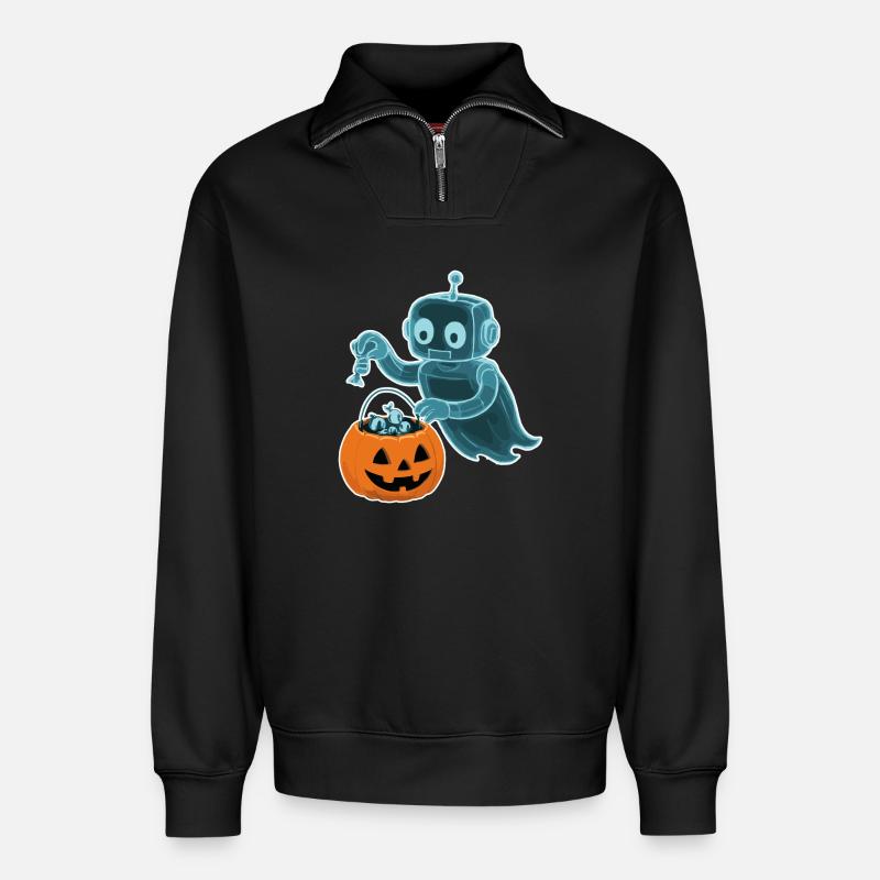 Gespenstischer Minibot mit Kürbiskorb - Relaxed Unisex Organic Half Zip Sweatshirt – von SPREAD - Schwarz