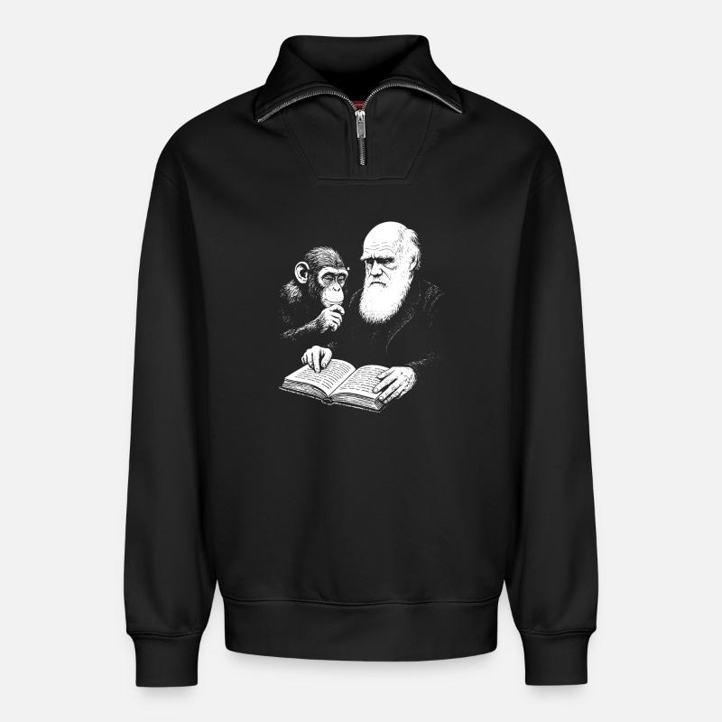 Charles Darwin lernt mit Monkey - Relaxed Unisex Organic Half Zip Sweatshirt – von SPREAD - Schwarz