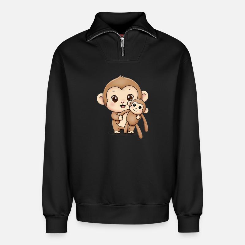 Süßer Punch Affe hält Kuscheltier - Relaxed Unisex Organic Half Zip Sweatshirt – von SPREAD - Schwarz