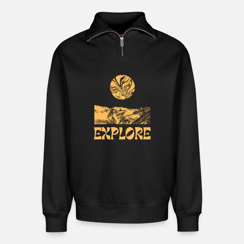 Entdecken Sie die Mountains Sun - Relaxed Unisex Organic Half Zip Sweatshirt – von SPREAD - Schwarz