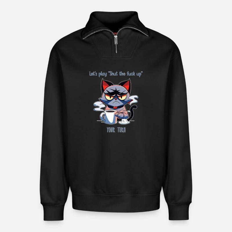 Grimmige Katze Kaffee Sarkasmus Spruch - Relaxed Unisex Organic Half Zip Sweatshirt – von SPREAD - Schwarz