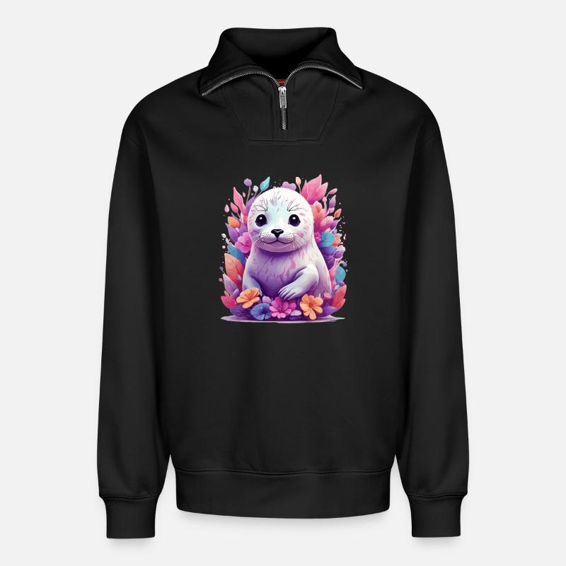 Sceau mignon - Sweat unisexe décontracté en coton biologique à demi-zip – de SPREAD - noir