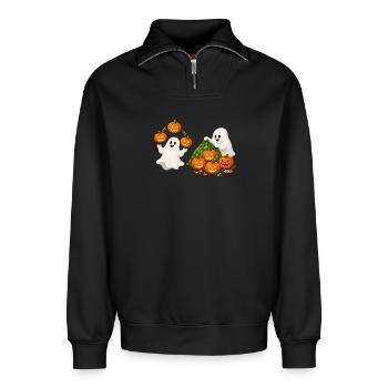 Geisterfreunde mit Kürbis-Truppe - Relaxed Unisex Organic Half Zip Sweatshirt – von SPREAD - Schwarz - Vorne - AI Model Female 172 light (172cm) & AI Model Male 178 dark (178cm)