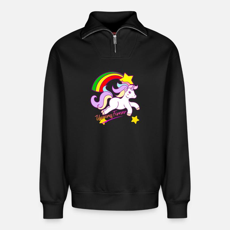 Regenbogen-Einhorn Forever - Relaxed Unisex Organic Half Zip Sweatshirt – von SPREAD - Schwarz