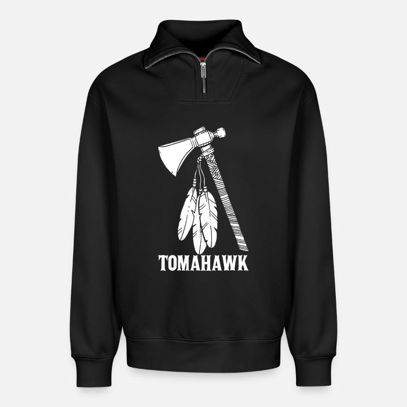 Weißer Tomahawk - Relaxed Unisex Organic Half Zip Sweatshirt – von SPREAD - Schwarz