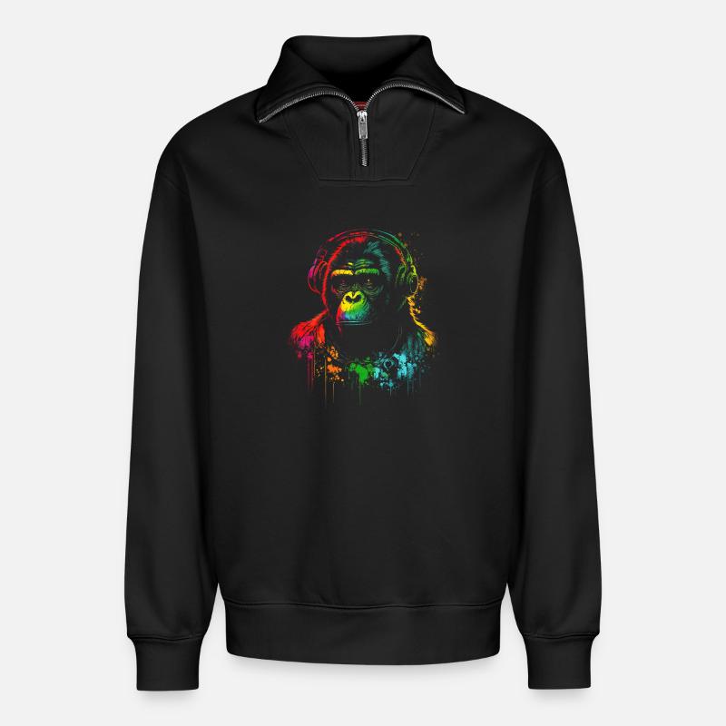Regenbogen Gorilla Kopfhörer - Relaxed Unisex Organic Half Zip Sweatshirt – von SPREAD - Schwarz