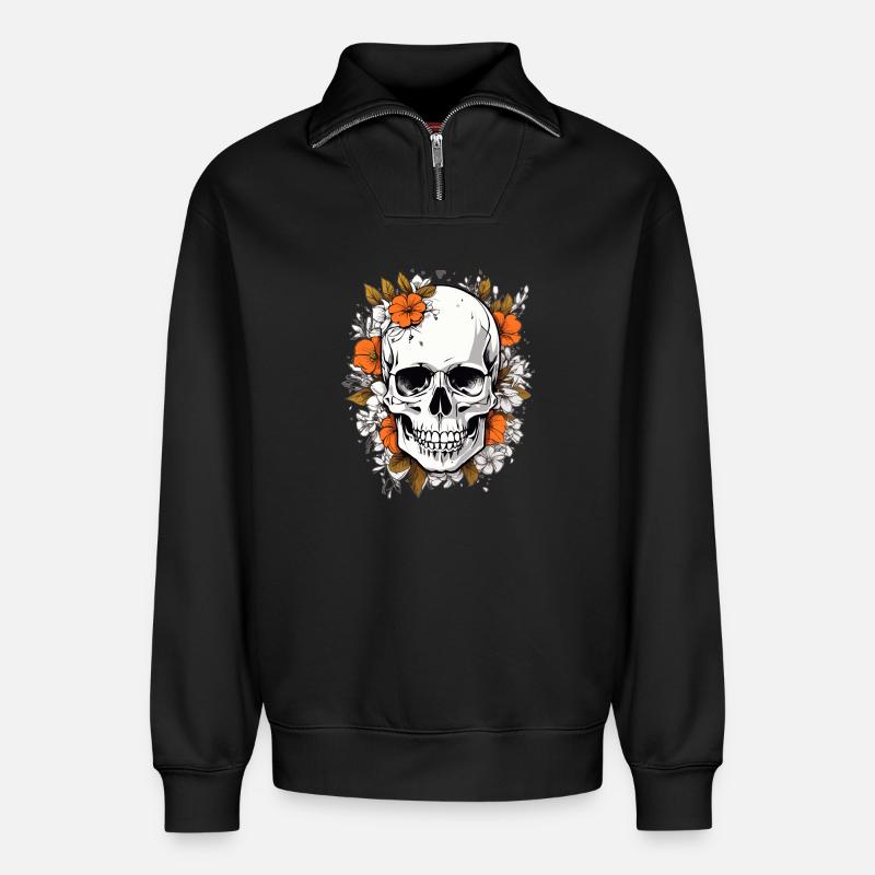 Totenkopf mit Blumen - Relaxed Unisex Organic Half Zip Sweatshirt – von SPREAD - Schwarz