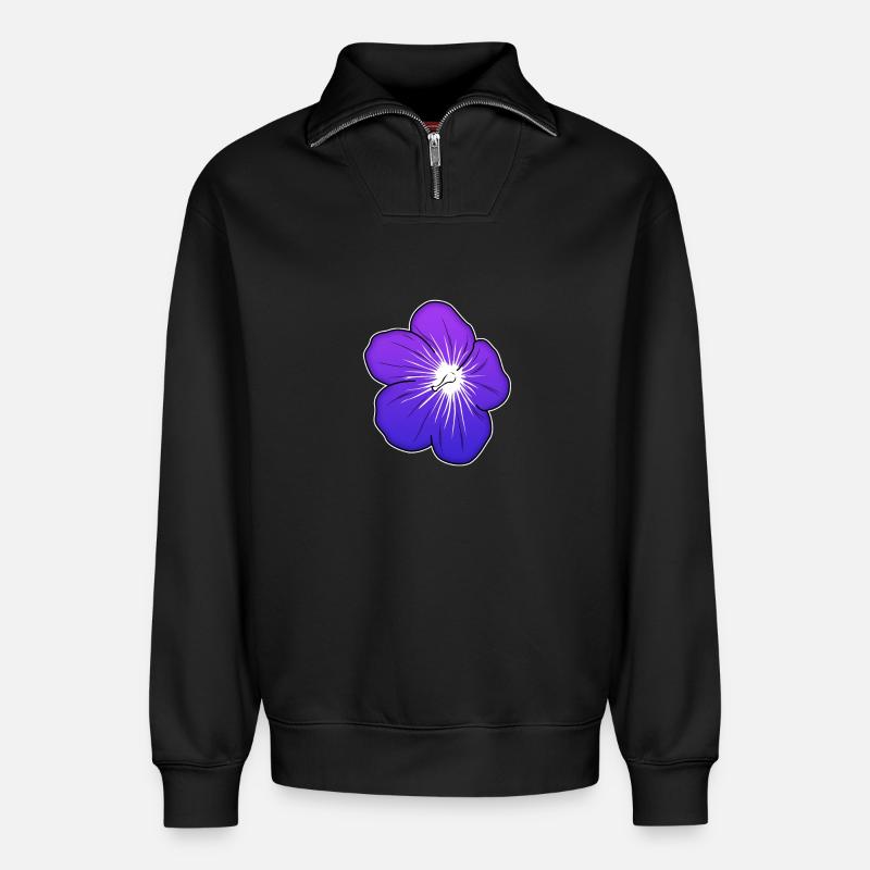 Violette Blütenillustration mit leuchtender Mitte - Relaxed Unisex Organic Half Zip Sweatshirt – von SPREAD - Schwarz
