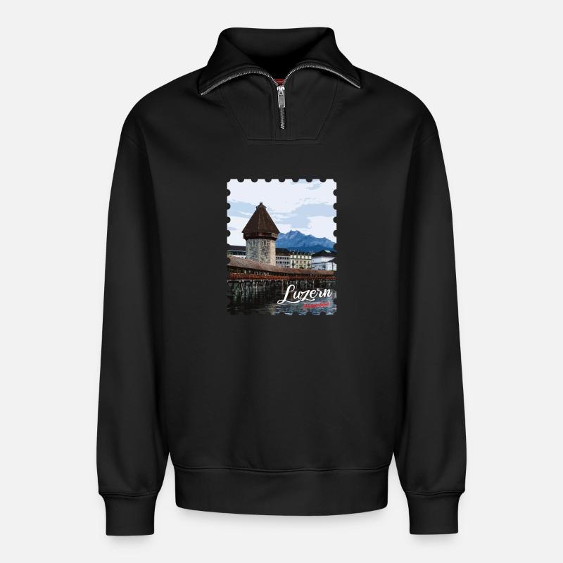 Luzern Kapellbrücke Panorama - Relaxed Unisex Organic Half Zip Sweatshirt – von SPREAD - Schwarz