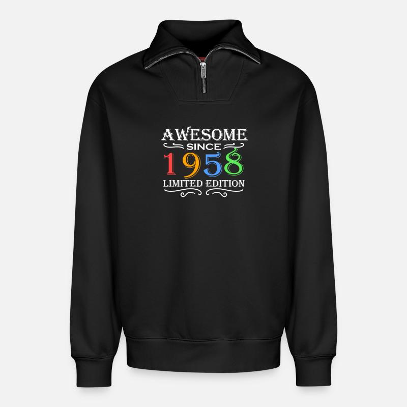 1958 - Born 1958 - Relaxed Unisex Organic Half Zip Sweatshirt – by SPREAD - black