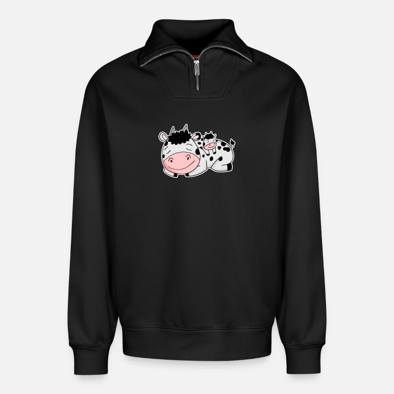 Vache avec bébé vache - Sweat unisexe décontracté en coton biologique à demi-zip – de SPREAD - noir