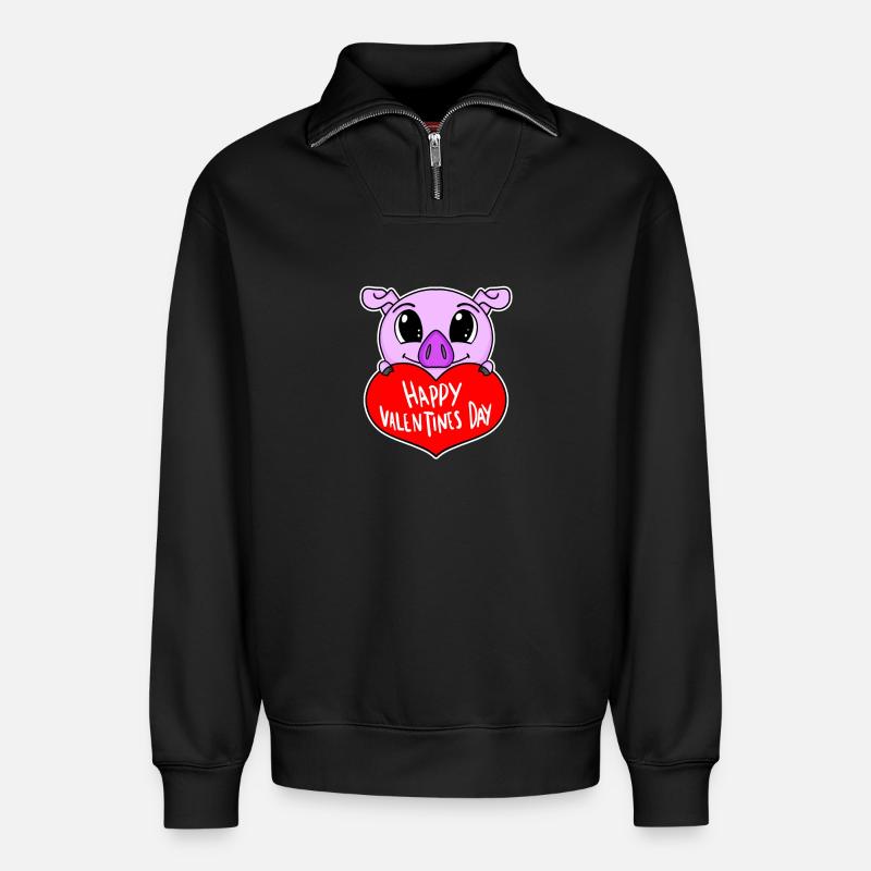 Valentine's Day Heart Pig - Relaxed Unisex Organic Half Zip Sweatshirt – by SPREAD - black